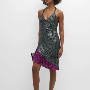 One 33 Social women Stretchy Sequin Mini Halter Dress size 2 Silver Purple $330